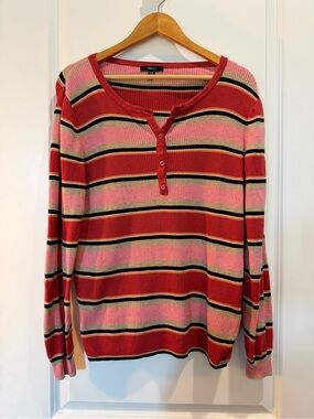 IMNYC Striped Rib Knit Henley Sweater XL Pink Red Tan Black Cotton Blend